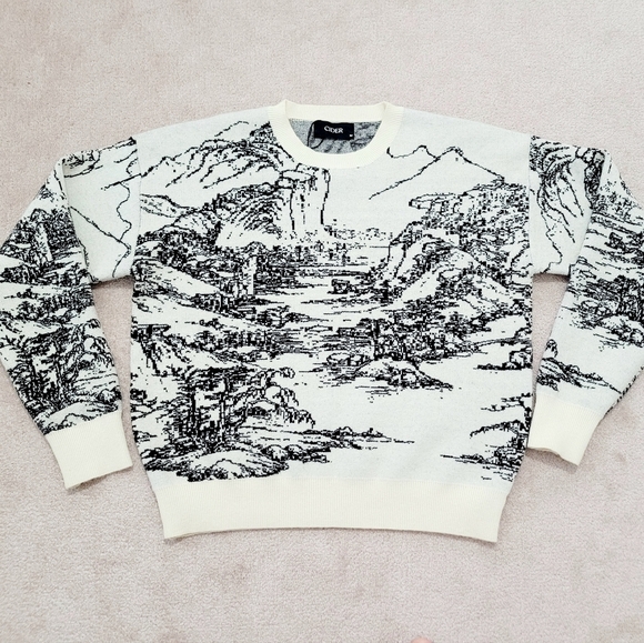 Cider Women’s Landscape Print Sweater Medium Cream Black Round Neck Regular Fit - Picture 5 of 10